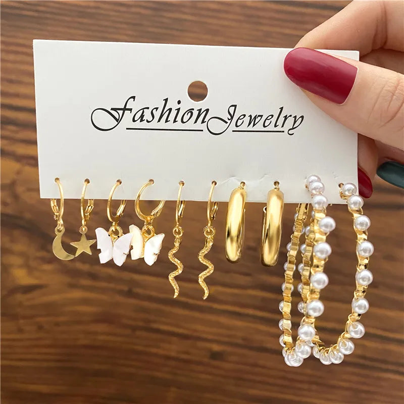 Vintage Pearl Earrings For Women Men Gold Color Geometric Heart Butterfly Hoop Earrings