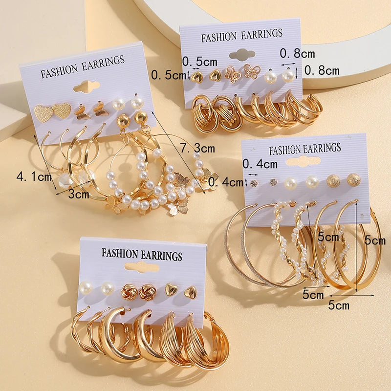Vintage Pearl Earrings For Women Men Gold Color Geometric Heart Butterfly Hoop Earrings