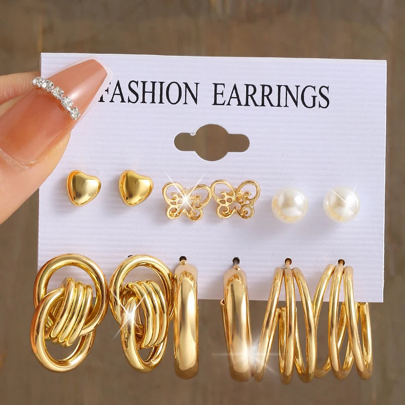 Vintage Pearl Earrings For Women Men Gold Color Geometric Heart Butterfly Hoop Earrings