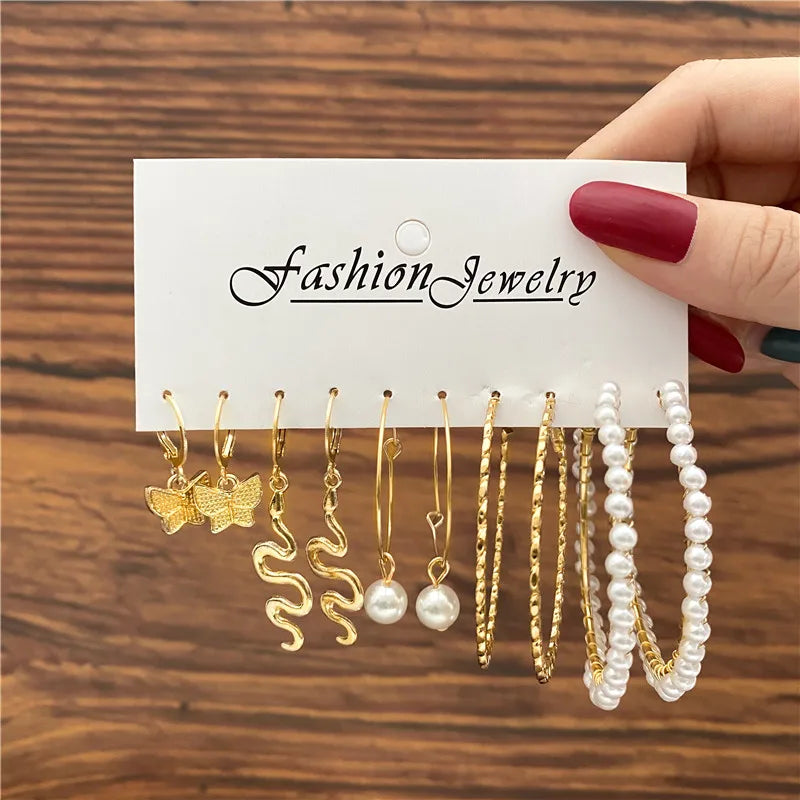 Vintage Pearl Earrings For Women Men Gold Color Geometric Heart Butterfly Hoop Earrings
