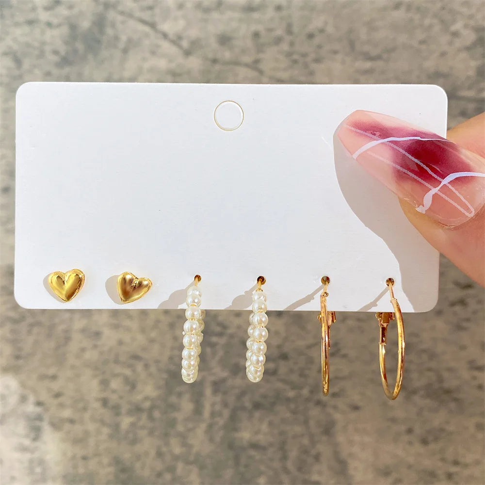 Vintage Pearl Earrings For Women Men Gold Color Geometric Heart Butterfly Hoop Earrings